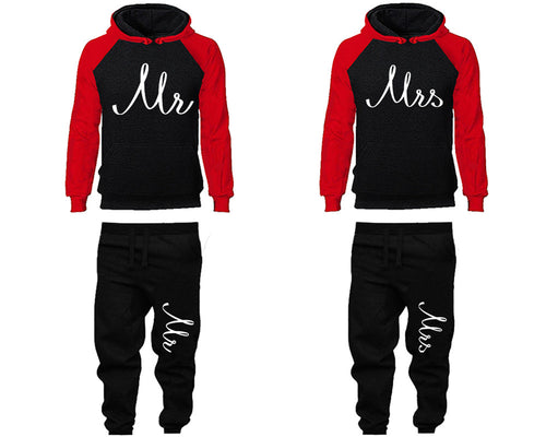 Mr and Mrs matching top and bottom set, Red Black raglan hoodie and sweatpants sets for mens, raglan hoodie and jogger set womens. Matching couple joggers.