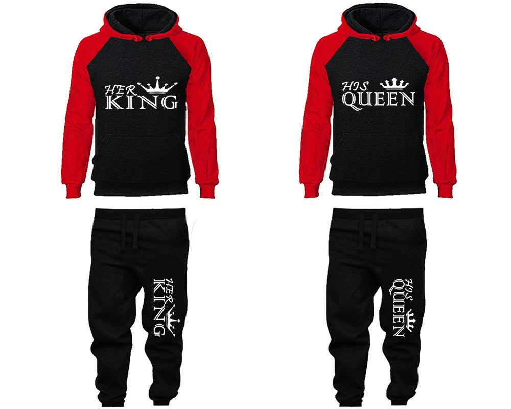 Her King and His Queen matching top and bottom set, Red Black raglan hoodie and sweatpants sets for mens, raglan hoodie and jogger set womens. Matching couple joggers.