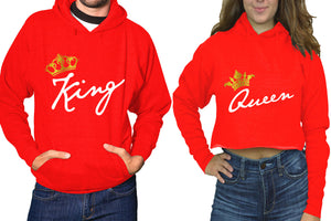 King and Queen hoodies, Matching couple hoodies, Red pullover hoodie for man Red crop top hoodie for woman