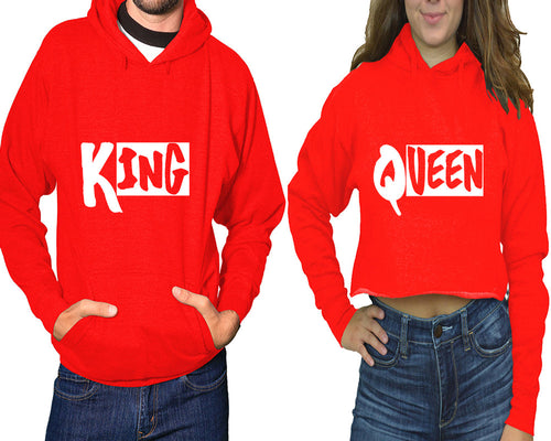 King and Queen hoodies, Matching couple hoodies, Red pullover hoodie for man Red crop top hoodie for woman