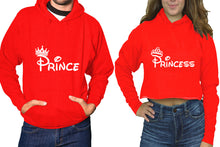Cargar imagen en el visor de la galería, Prince and Princess hoodies, Matching couple hoodies, Red pullover hoodie for man Red crop top hoodie for woman
