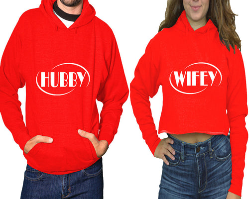 Hubby and Wifey hoodies, Matching couple hoodies, Red pullover hoodie for man Red crop top hoodie for woman