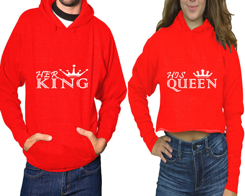 Her King and His Queen hoodies, Matching couple hoodies, Red pullover hoodie for man Red crop top hoodie for woman