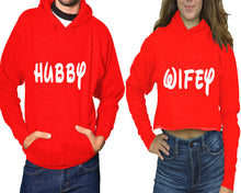 Load image into Gallery viewer, Hubby and Wifey hoodies, Matching couple hoodies, Red pullover hoodie for man Red crop top hoodie for woman
