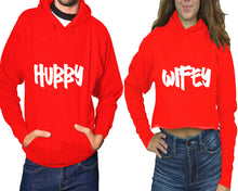 將圖片載入圖庫檢視器 Hubby and Wifey hoodies, Matching couple hoodies, Red pullover hoodie for man Red crop top hoodie for woman

