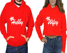 將圖片載入圖庫檢視器 Hubby and Wifey hoodies, Matching couple hoodies, Red pullover hoodie for man Red crop top hoodie for woman

