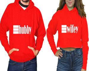 Hubby and Wifey hoodies, Matching couple hoodies, Red pullover hoodie for man Red crop top hoodie for woman