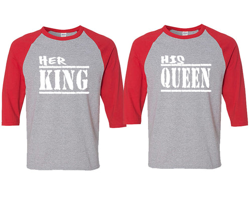 Her King and His Queen matching couple baseball shirts.Couple shirts, Red Grey 3/4 sleeve baseball t shirts. Couple matching shirts.