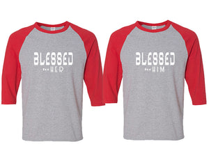 Blessed for Her and Blessed for Him matching couple baseball shirts.Couple shirts, Red Grey 3/4 sleeve baseball t shirts. Couple matching shirts.