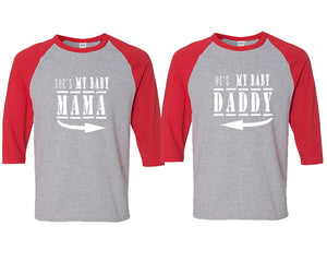 She's My Baby Mama and He's My Baby Daddy matching couple baseball shirts.Couple shirts, Red Grey 3/4 sleeve baseball t shirts. Couple matching shirts.