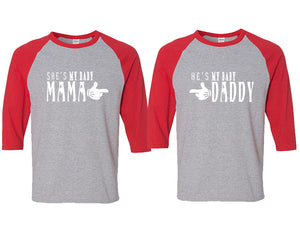 She's My Baby Mama and He's My Baby Daddy matching couple baseball shirts.Couple shirts, Red Grey 3/4 sleeve baseball t shirts. Couple matching shirts.