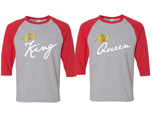 King and Queen matching couple baseball shirts.Couple shirts, Red Grey 3/4 sleeve baseball t shirts. Couple matching shirts.