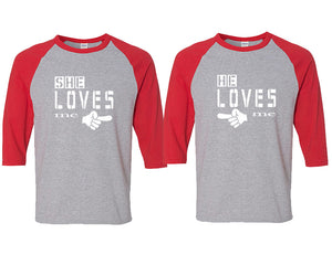 She Loves Me and He Loves Me matching couple baseball shirts.Couple shirts, Red Grey 3/4 sleeve baseball t shirts. Couple matching shirts.