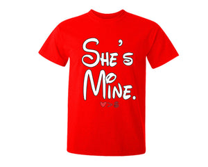 Red color She's Mine design T Shirt for Man.