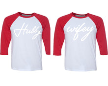 Cargar imagen en el visor de la galería, Hubby and Wifey matching couple baseball shirts.Couple shirts, Red White 3/4 sleeve baseball t shirts. Couple matching shirts.
