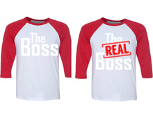 Load image into Gallery viewer, The Boss and The Real Boss matching couple baseball shirts.Couple shirts, Red White 3/4 sleeve baseball t shirts. Couple matching shirts.
