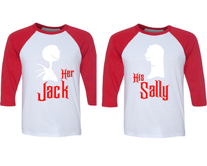 Her Jack and His Sally matching couple baseball shirts.Couple shirts, Red White 3/4 sleeve baseball t shirts. Couple matching shirts.