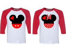 Cargar imagen en el visor de la galería, Mickey and Minnie matching couple baseball shirts.Couple shirts, Red White 3/4 sleeve baseball t shirts. Couple matching shirts.
