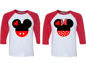 Mickey and Minnie matching couple baseball shirts.Couple shirts, Red White 3/4 sleeve baseball t shirts. Couple matching shirts.