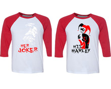 Load image into Gallery viewer, Her Joker and His Harley matching couple baseball shirts.Couple shirts, Red White 3/4 sleeve baseball t shirts. Couple matching shirts.
