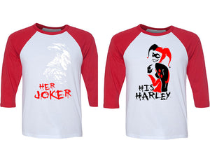Her Joker and His Harley matching couple baseball shirts.Couple shirts, Red White 3/4 sleeve baseball t shirts. Couple matching shirts.