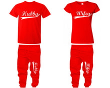 將圖片載入圖庫檢視器 Hubby Wifey shirts, matching top and bottom set, Red t shirts, men joggers, shirt and jogger pants women. Matching couple joggers
