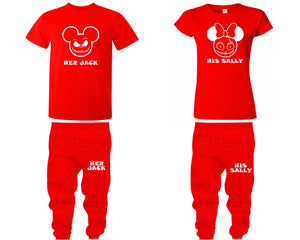 Her Jack and His Sally shirts and jogger pants, matching top and bottom set, Red t shirts, men joggers, shirt and jogger pants women. Matching couple joggers