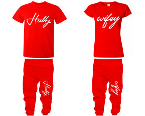 Hubby Wifey shirts, matching top and bottom set, Red t shirts, men joggers, shirt and jogger pants women. Matching couple joggers