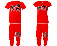 Load image into Gallery viewer, Mr Mrs shirts, matching top and bottom set, Red t shirts, men joggers, shirt and jogger pants women. Matching couple joggers
