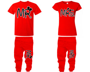 Mr Mrs shirts, matching top and bottom set, Red t shirts, men joggers, shirt and jogger pants women. Matching couple joggers