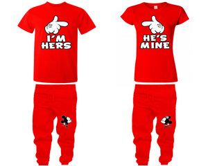 I'm Hers He's Mine shirts, matching top and bottom set, Red t shirts, men joggers, shirt and jogger pants women. Matching couple joggers