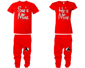 She's Mine He's Mine shirts, matching top and bottom set, Red t shirts, men joggers, shirt and jogger pants women. Matching couple joggers