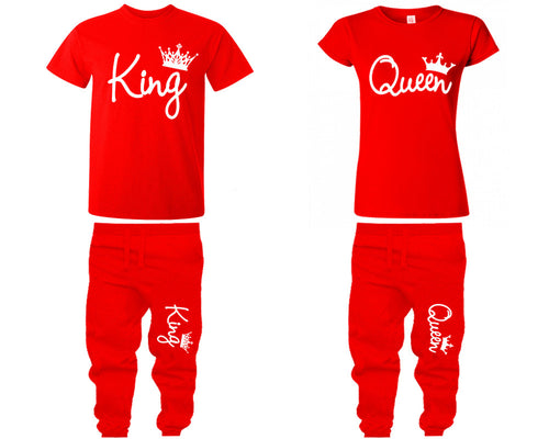 King Queen shirts, matching top and bottom set, Red t shirts, men joggers, shirt and jogger pants women. Matching couple joggers