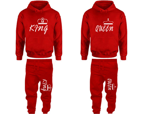 King and Queen matching top and bottom set, Red pullover hoodie and sweatpants sets for mens, pullover hoodie and jogger set womens. Matching couple joggers.