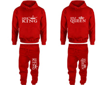 Load image into Gallery viewer, Her King and His Queen matching top and bottom set, Red pullover hoodie and sweatpants sets for mens, pullover hoodie and jogger set womens. Matching couple joggers.
