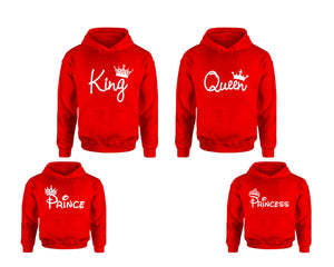 King Queen, Prince and Princess. Matching family outfits. Red adults, kids pullover hoodie.