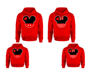 Mickey Minnie. Matching family outfits. Red adults, kids pullover hoodie.