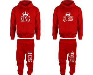 King and Queen matching top and bottom set, Red pullover hoodie and sweatpants sets for mens, pullover hoodie and jogger set womens. Matching couple joggers.