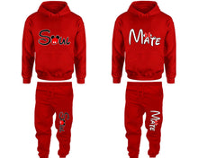 Load image into Gallery viewer, Soul and Mate matching top and bottom set, Red hoodie and sweatpants sets for mens hoodie and jogger set womens. Matching couple joggers.
