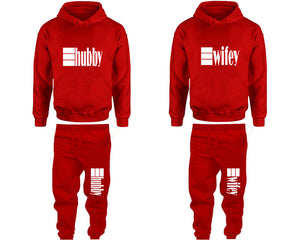 Hubby and Wifey matching top and bottom set, Red pullover hoodie and sweatpants sets for mens, pullover hoodie and jogger set womens. Matching couple joggers.