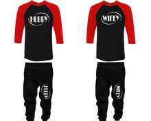 將圖片載入圖庫檢視器 Hubby and Wifey baseball shirts, matching top and bottom set, Red Black Black baseball shirts, men joggers, shirt and jogger pants women. Matching couple joggers
