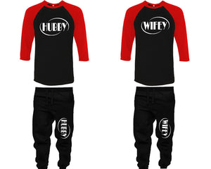 Hubby and Wifey baseball shirts, matching top and bottom set, Red Black Black baseball shirts, men joggers, shirt and jogger pants women. Matching couple joggers