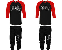 Charger l&#39;image dans la galerie, Hubby and Wifey baseball shirts, matching top and bottom set, Red Black Black baseball shirts, men joggers, shirt and jogger pants women. Matching couple joggers
