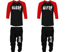 Load image into Gallery viewer, Hubby and Wifey baseball shirts, matching top and bottom set, Red Black Black baseball shirts, men joggers, shirt and jogger pants women. Matching couple joggers
