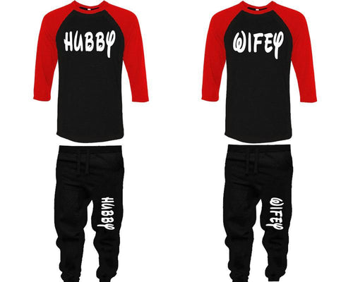 Hubby and Wifey baseball shirts, matching top and bottom set, Red Black Black baseball shirts, men joggers, shirt and jogger pants women. Matching couple joggers