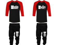 將圖片載入圖庫檢視器 Hubby and Wifey baseball shirts, matching top and bottom set, Red Black Black baseball shirts, men joggers, shirt and jogger pants women. Matching couple joggers
