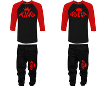 Charger l&#39;image dans la galerie, King and Queen baseball shirts, matching top and bottom set, Red Black Black baseball shirts, men joggers, shirt and jogger pants women. Matching couple joggers
