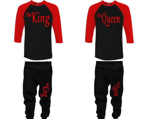 Her King and His Queen baseball shirts, matching top and bottom set, Red Black Black baseball shirts, men joggers, shirt and jogger pants women. Matching couple joggers