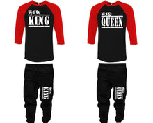 Load image into Gallery viewer, Her King and His Queen baseball shirts, matching top and bottom set, Red Black Black baseball shirts, men joggers, shirt and jogger pants women. Matching couple joggers
