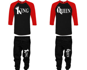King and Queen baseball shirts, matching top and bottom set, Red Black Black baseball shirts, men joggers, shirt and jogger pants women. Matching couple joggers